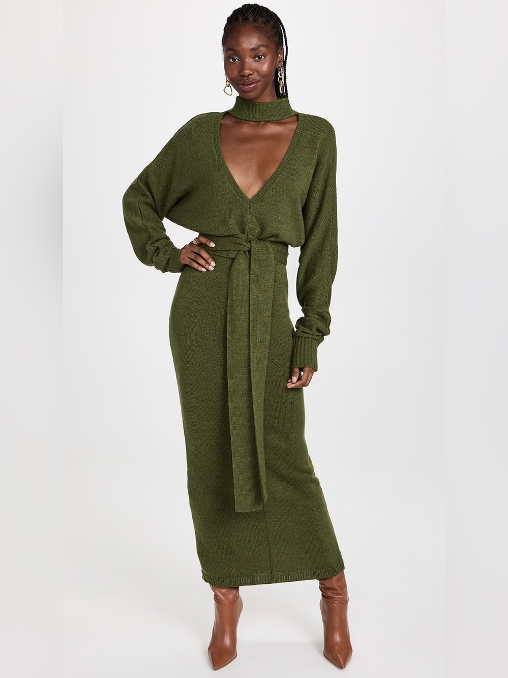 Andrea Iyamah Mari Deep V Neck Jade Green Wool Blend Maxi Dress